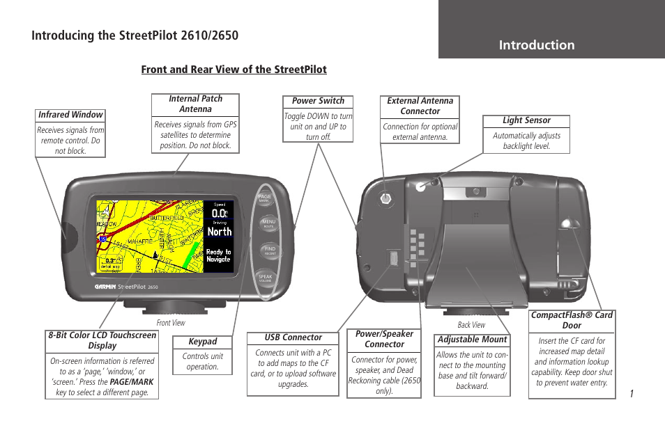 Introducing the streetpilot 2610/2650, Front and rear view of the streetpilot, Introduction | Garmin StreetPilot 2650 User Manual | Page 11 / 95