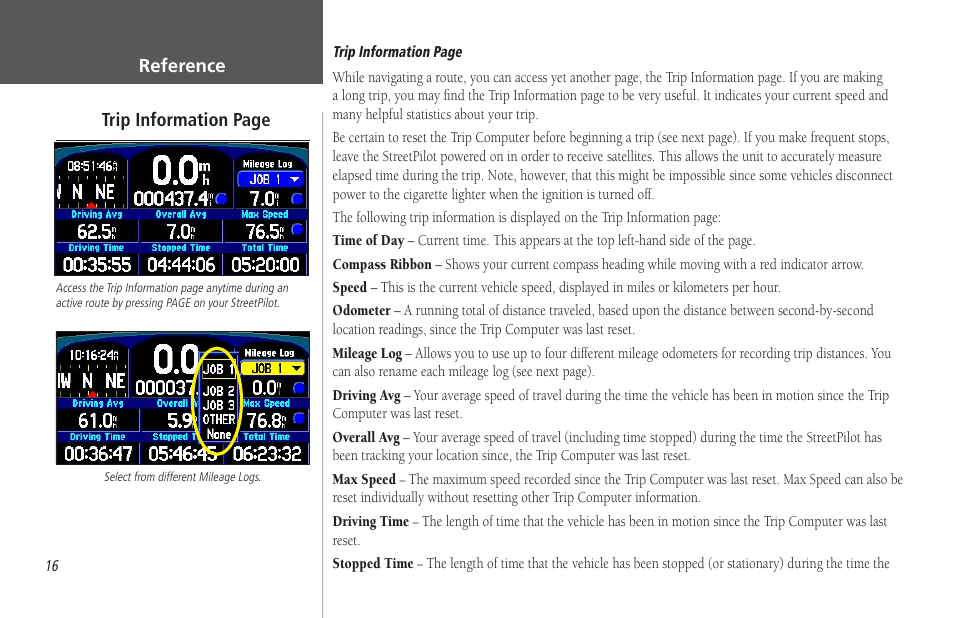 Reference, Trip information page | Garmin StreetPilot 2650 User Manual | Page 26 / 95