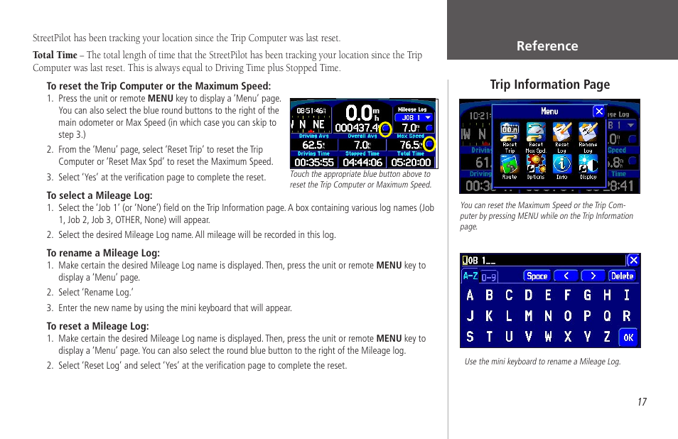 Reference, Trip information page | Garmin StreetPilot 2650 User Manual | Page 27 / 95