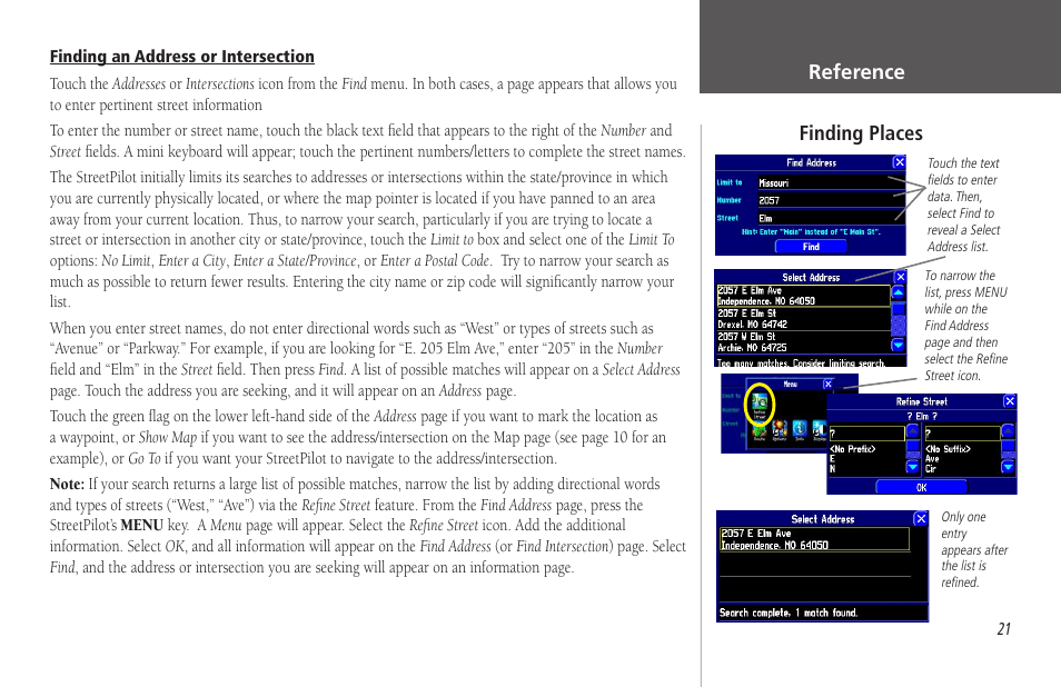 Finding an address or intersection, Reference, Finding places | Garmin StreetPilot 2650 User Manual | Page 31 / 95