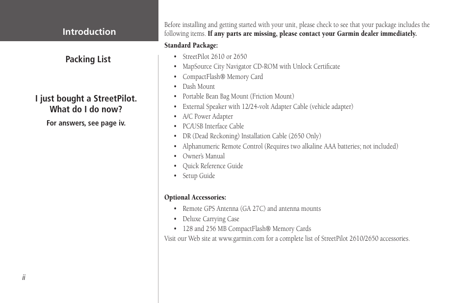 Packing list | Garmin StreetPilot 2650 User Manual | Page 4 / 95