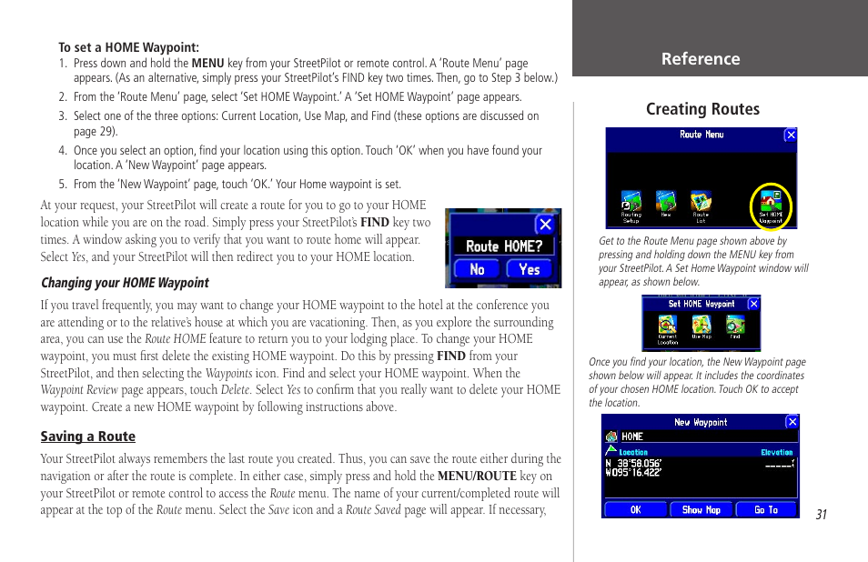 Saving a route, Reference, Creating routes | Garmin StreetPilot 2650 User Manual | Page 41 / 95