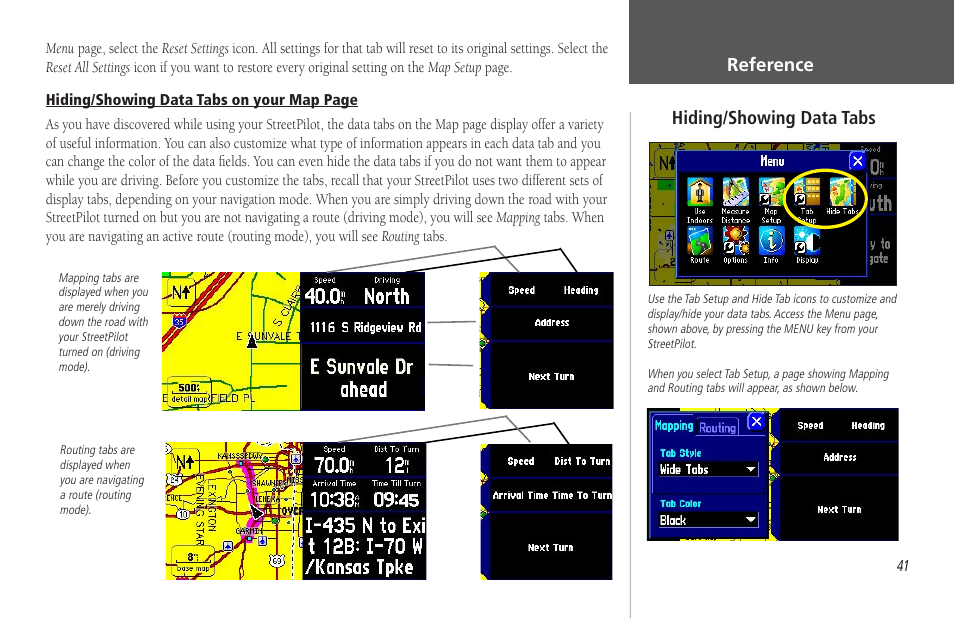 Reference, Hiding/showing data tabs | Garmin StreetPilot 2650 User Manual | Page 51 / 95