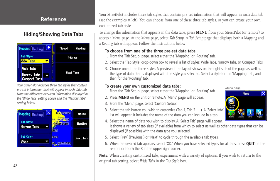 Reference, Hiding/showing data tabs | Garmin StreetPilot 2650 User Manual | Page 52 / 95