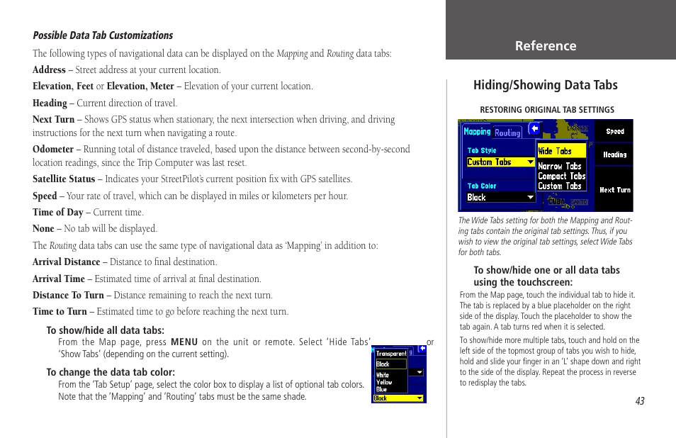 Reference, Hiding/showing data tabs | Garmin StreetPilot 2650 User Manual | Page 53 / 95