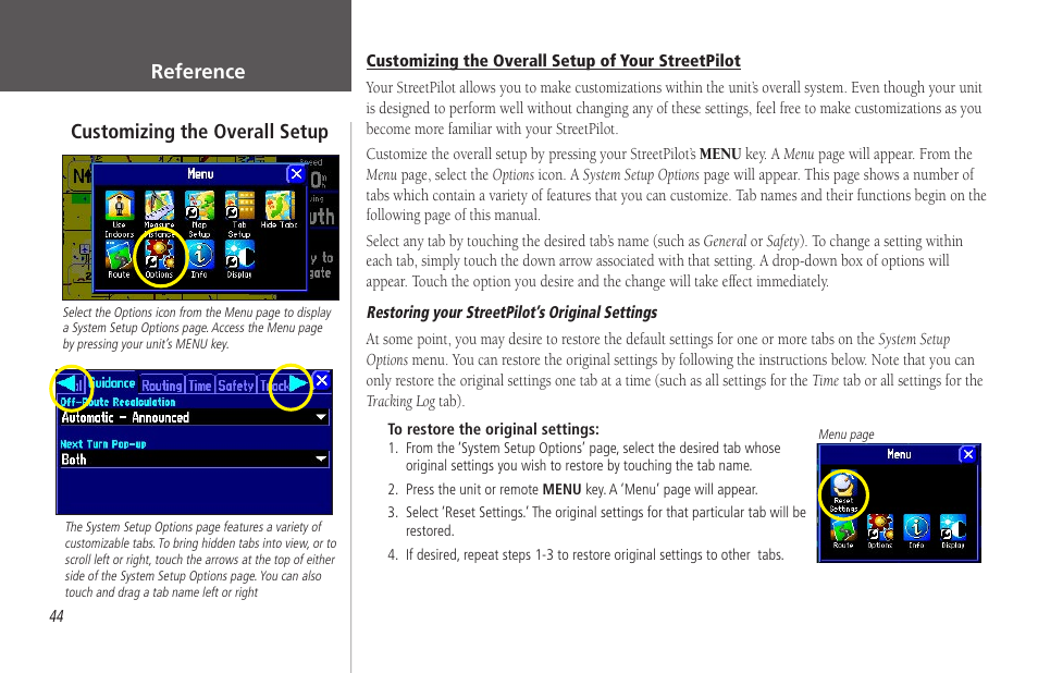 Customizing the overall setup of your streetpilot, Reference, Customizing the overall setup | Garmin StreetPilot 2650 User Manual | Page 54 / 95