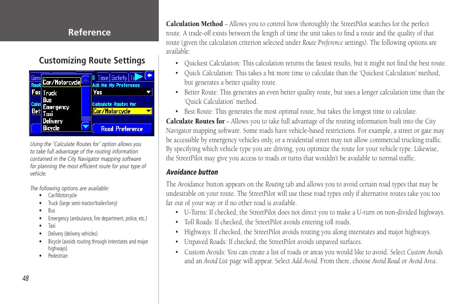 Reference, Customizing route settings | Garmin StreetPilot 2650 User Manual | Page 58 / 95