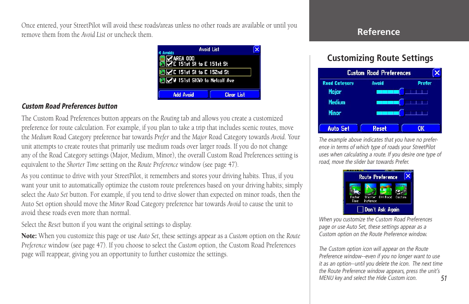 Reference, Customizing route settings | Garmin StreetPilot 2650 User Manual | Page 61 / 95