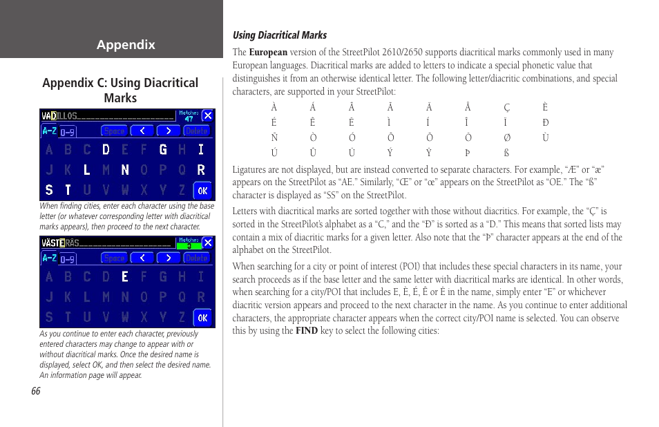 Appendix c: using diacritical marks | Garmin StreetPilot 2650 User Manual | Page 76 / 95