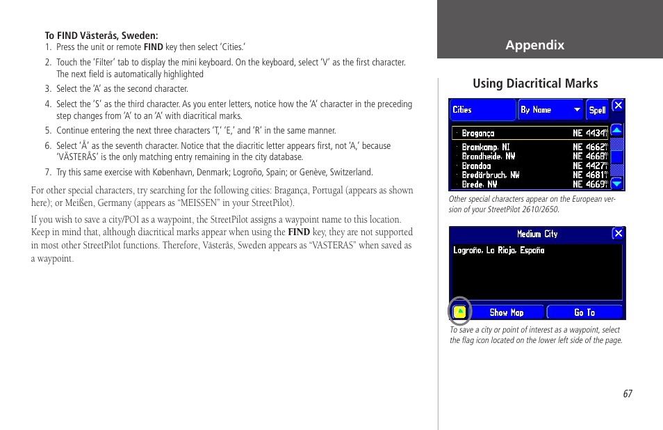 Appendix, Using diacritical marks | Garmin StreetPilot 2650 User Manual | Page 77 / 95