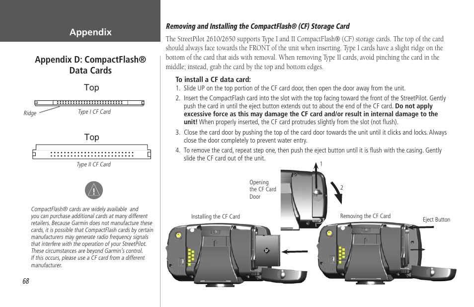 Appendix d: compactflash® data cards, Appendix | Garmin StreetPilot 2650 User Manual | Page 78 / 95