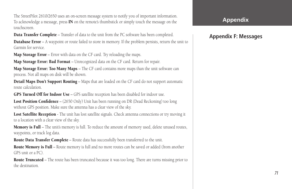 Appendix f: messages | Garmin StreetPilot 2650 User Manual | Page 81 / 95