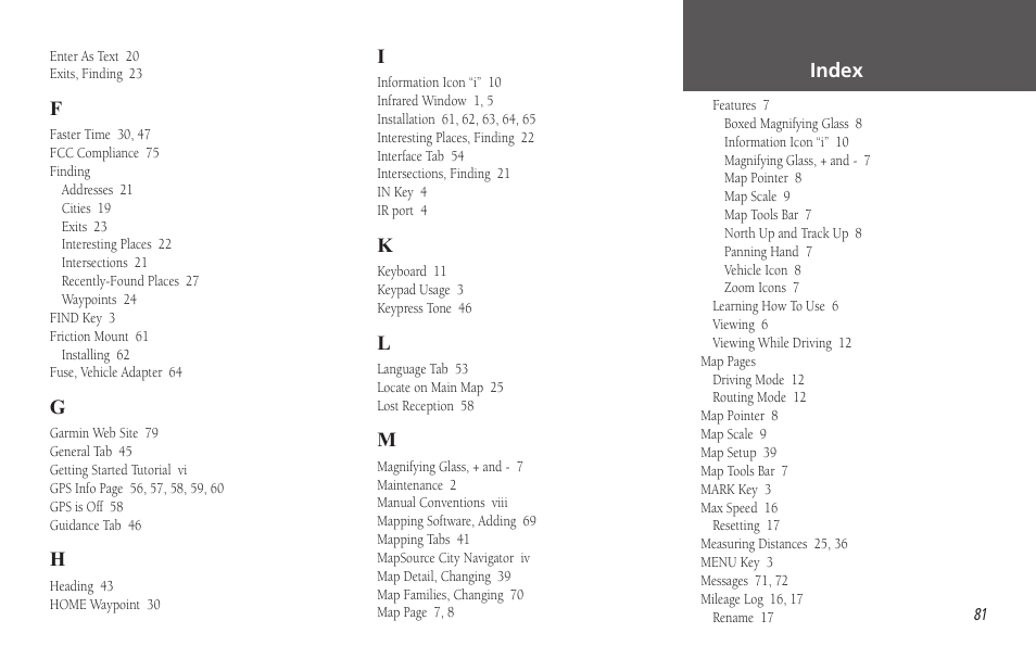 Index | Garmin StreetPilot 2650 User Manual | Page 91 / 95