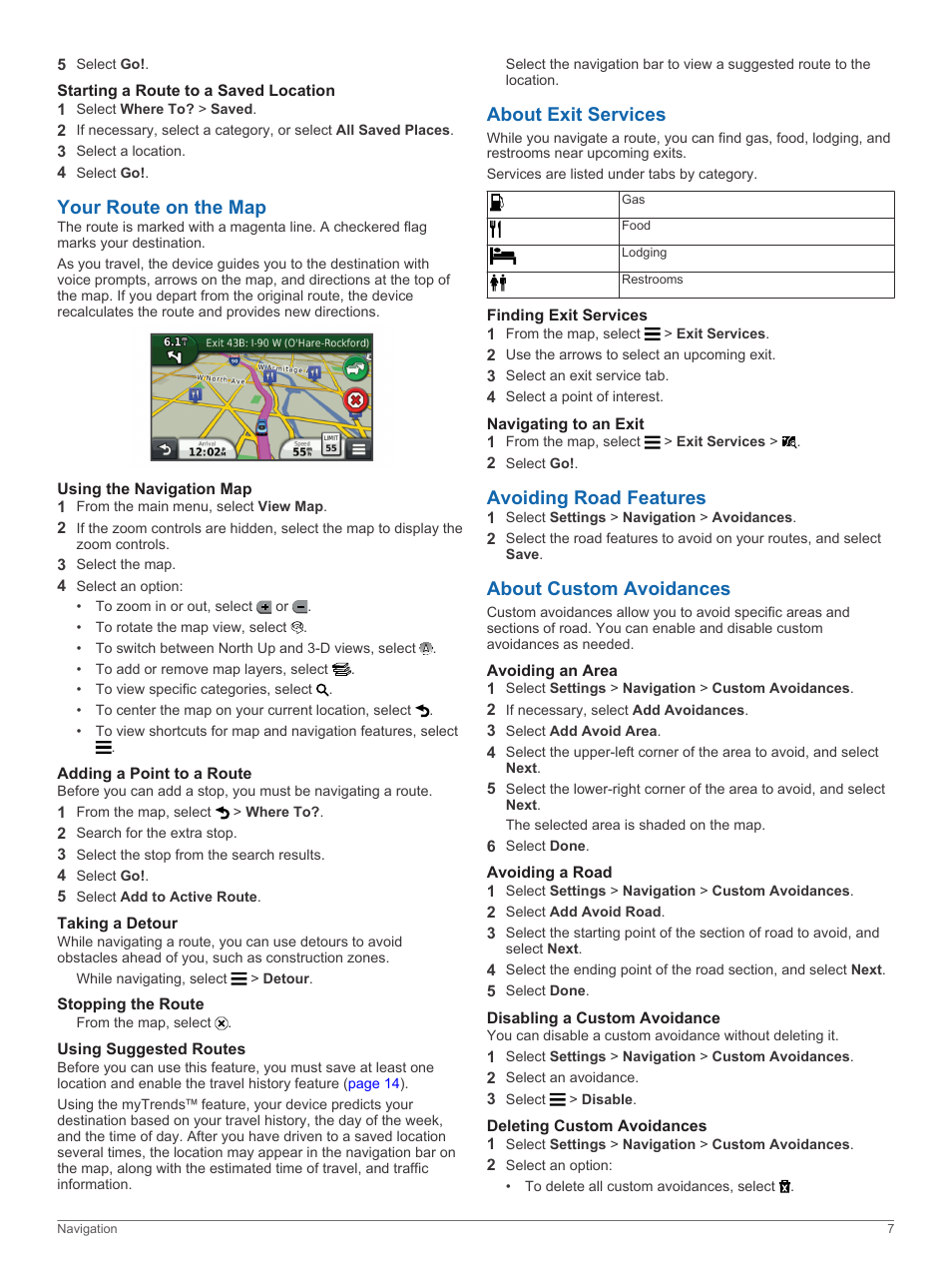 Starting a route to a saved location, Your route on the map, Using the navigation map | Adding a point to a route, Taking a detour, Stopping the route, Using suggested routes, About exit services, Finding exit services, Navigating to an exit | Garmin zumo 350LM User Manual | Page 11 / 24