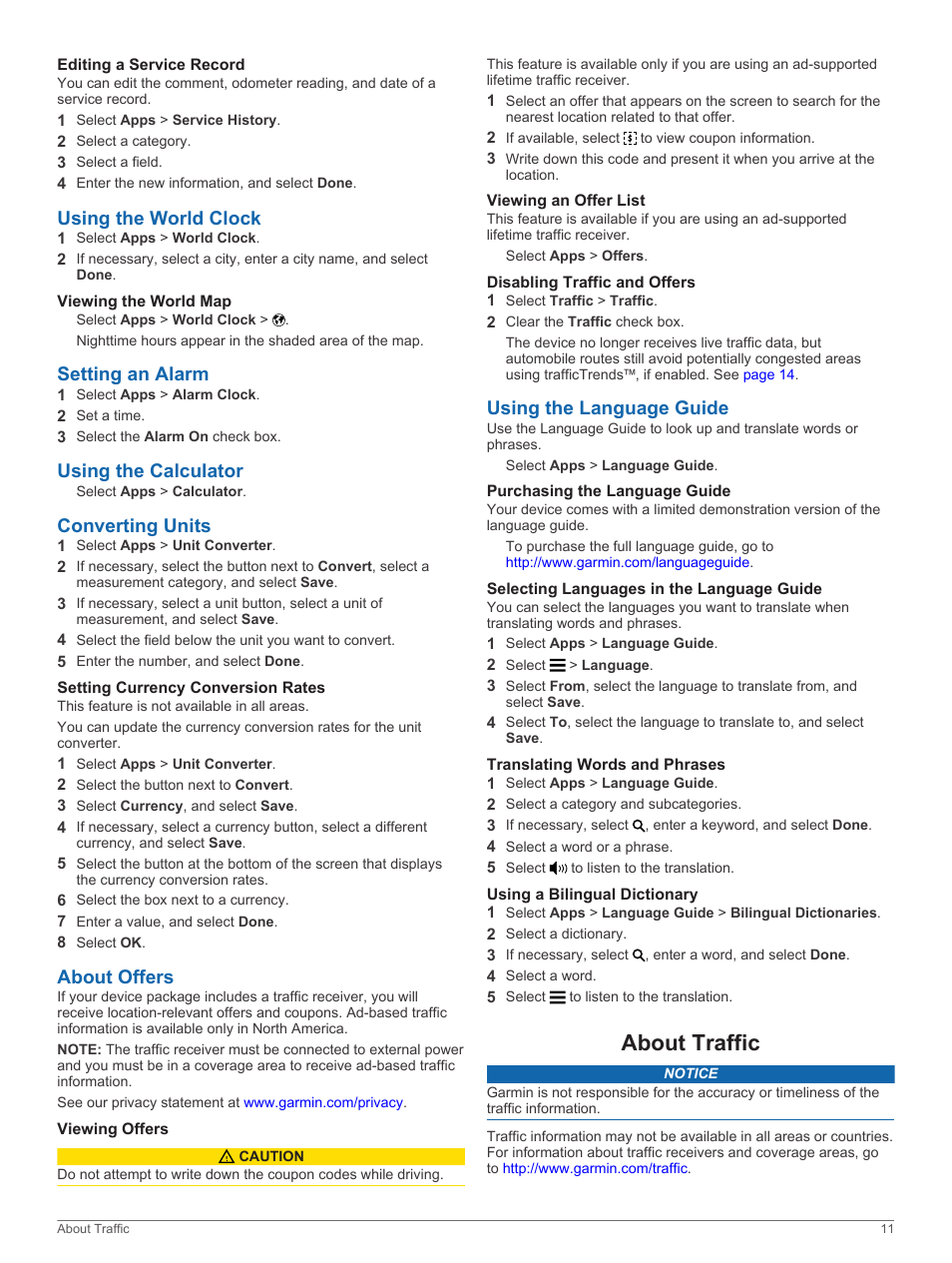 Editing a service record, Using the world clock, Viewing the world map | Setting an alarm, Using the calculator, Converting units, Setting currency conversion rates, About offers, Viewing offers, Viewing an offer list | Garmin zumo 350LM User Manual | Page 15 / 24