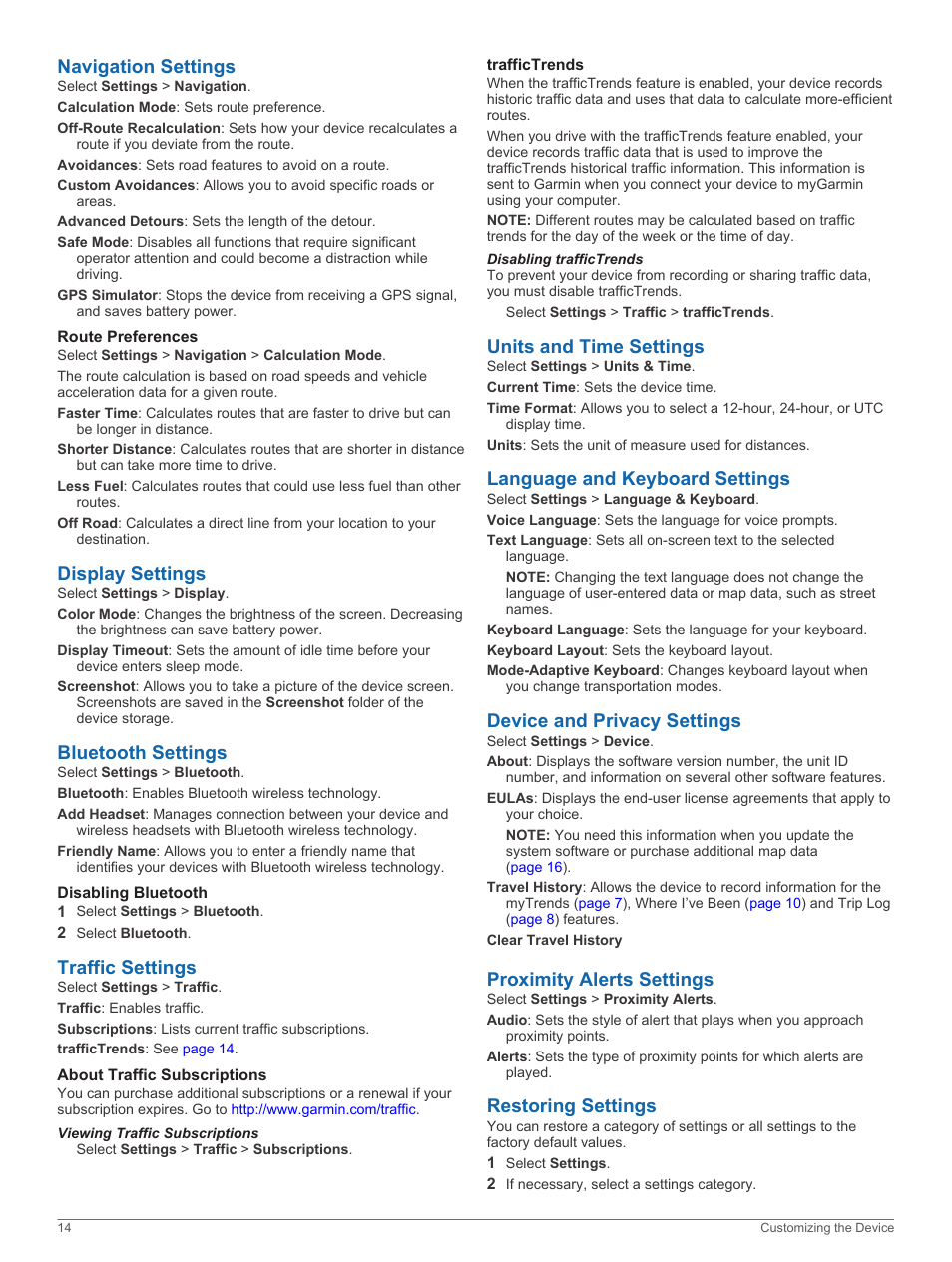 Navigation settings, Route preferences, Display settings | Bluetooth settings, Disabling bluetooth, Traffic settings, About traffic subscriptions, Viewing traffic subscriptions, Traffictrends, Disabling traffictrends | Garmin zumo 350LM User Manual | Page 18 / 24