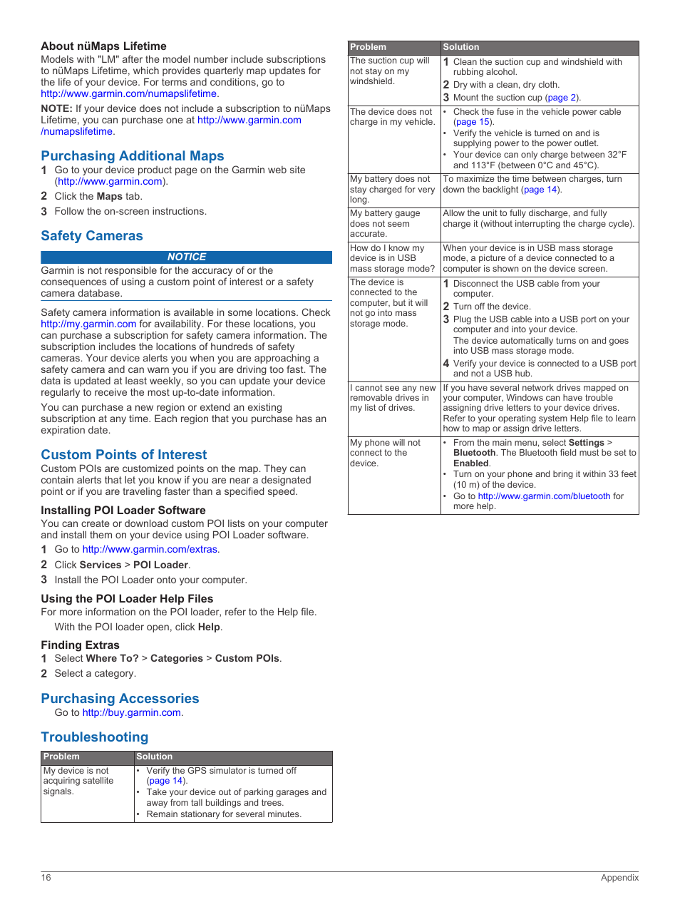 About nümaps lifetime, Purchasing additional maps, Safety cameras | Custom points of interest, Installing poi loader software, Using the poi loader help files, Finding extras, Purchasing accessories, Troubleshooting, Purchasing accessories troubleshooting | Garmin zumo 350LM User Manual | Page 20 / 24