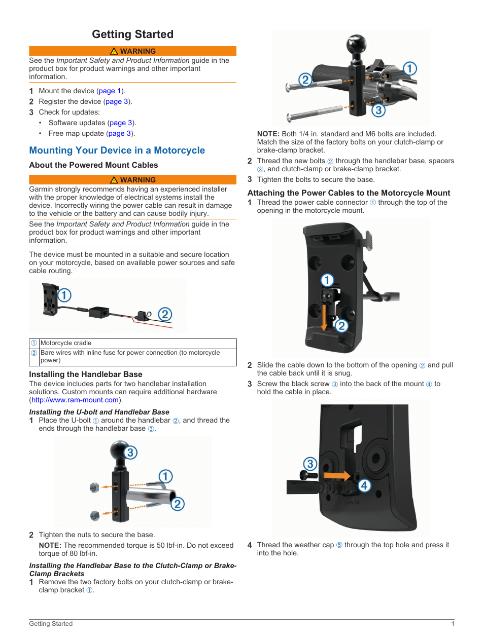 Getting started, Mounting your device in a motorcycle, About the powered mount cables | Installing the handlebar base, Installing the u-bolt and handlebar base, Attaching the power cables to the motorcycle mount | Garmin zumo 350LM User Manual | Page 5 / 24