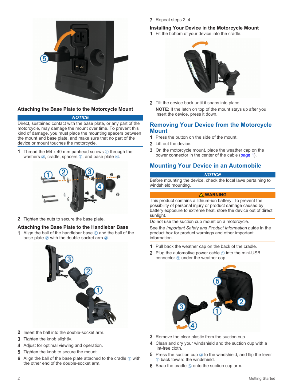 Attaching the base plate to the motorcycle mount, Attaching the base plate to the handlebar base, Installing your device in the motorcycle mount | Removing your device from the motorcycle mount, Mounting your device in an automobile | Garmin zumo 350LM User Manual | Page 6 / 24