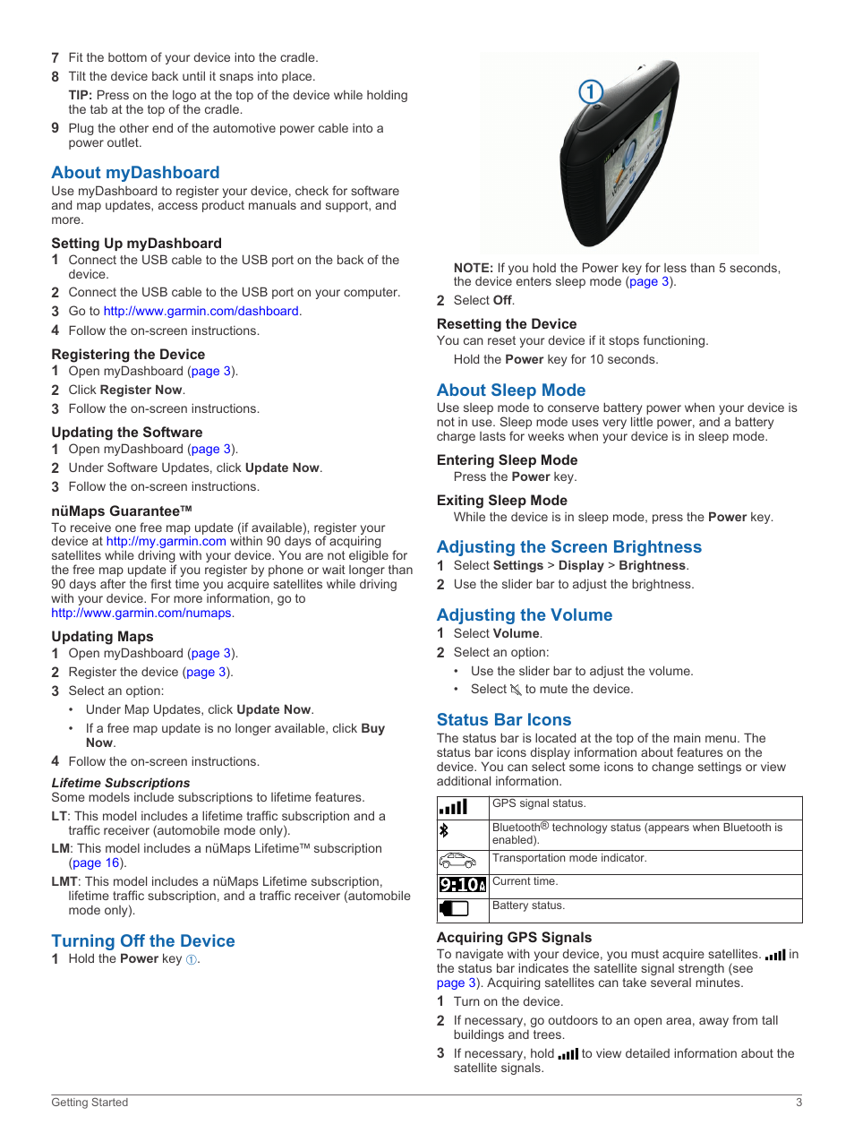 About mydashboard, Setting up mydashboard, Registering the device | Updating the software, Nümaps guarantee, Updating maps, Lifetime subscriptions, Turning off the device, Resetting the device, About sleep mode | Garmin zumo 350LM User Manual | Page 7 / 24