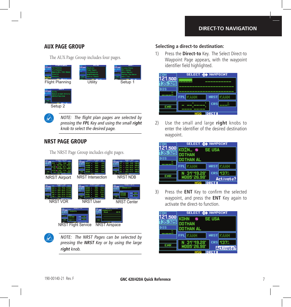 Aux page group, Nrst page group | Garmin GNC 420 User Manual | Page 7 / 22