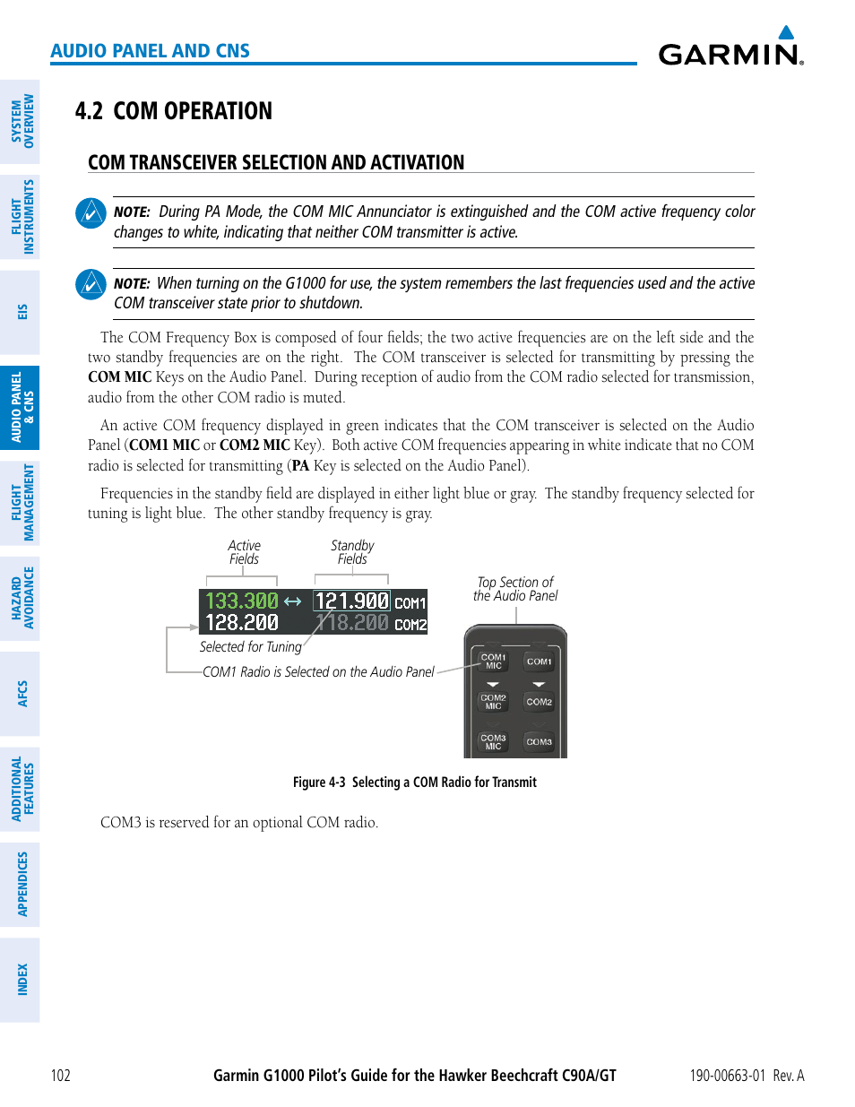 2 com operation, Com transceiver selection and activation, Audio panel and cns | Garmin G1000 King Air C90GT User Manual | Page 116 / 586