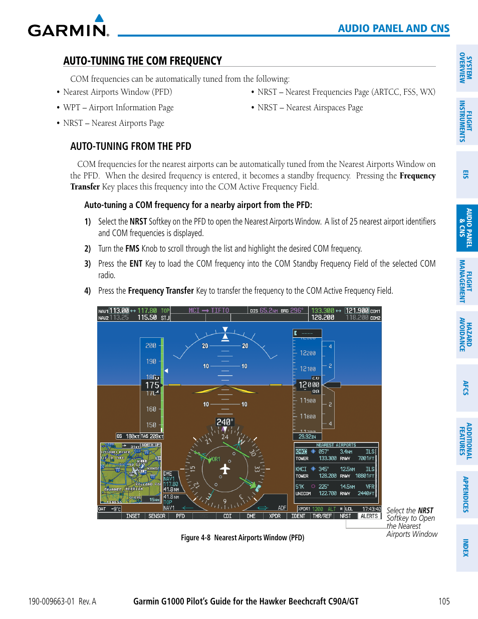 Auto-tuning the com frequency, Audio panel and cns, Auto-tuning from the pfd | Garmin G1000 King Air C90GT User Manual | Page 119 / 586
