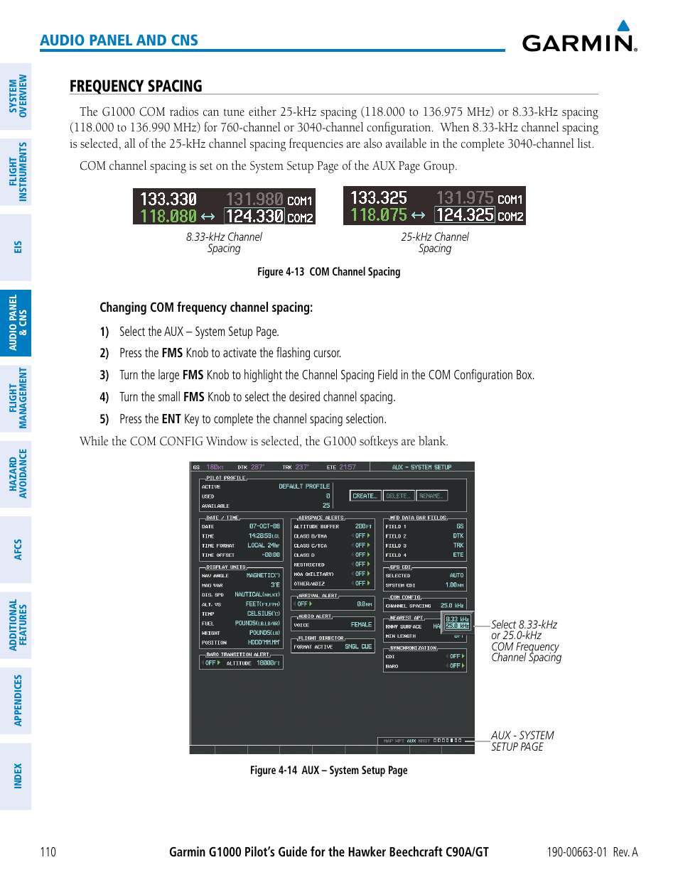 Frequency spacing, Audio panel and cns | Garmin G1000 King Air C90GT User Manual | Page 124 / 586