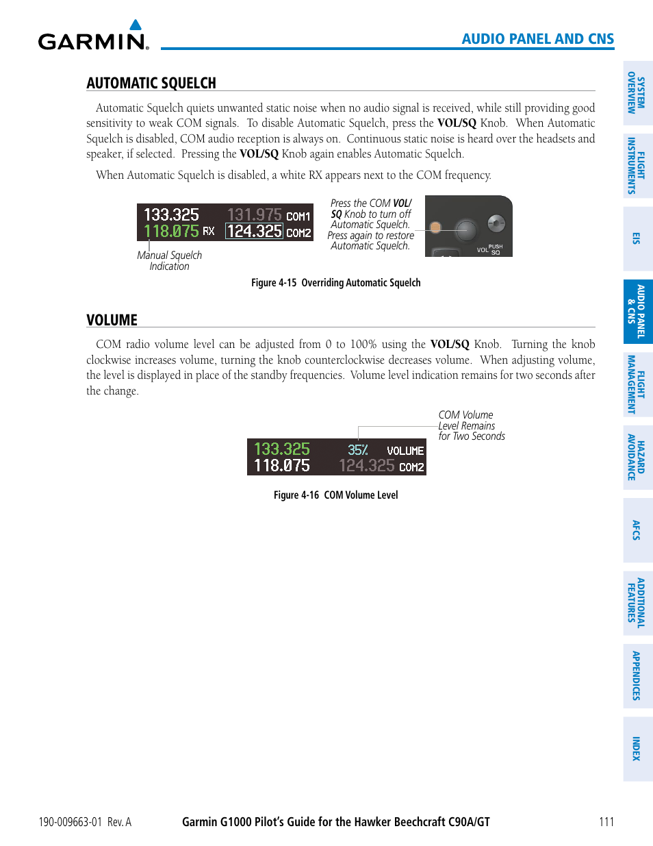 Automatic squelch, Volume, Audio panel and cns | Garmin G1000 King Air C90GT User Manual | Page 125 / 586