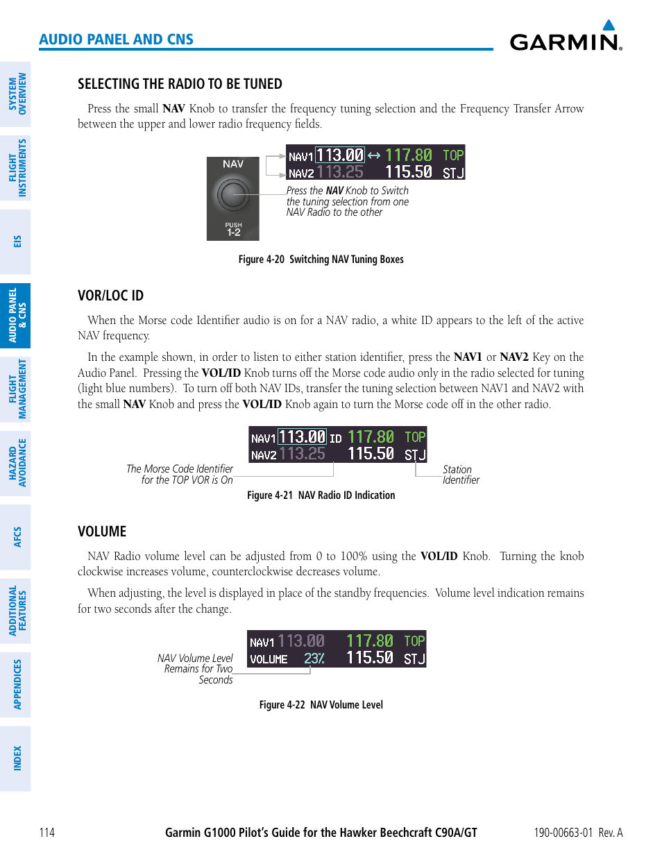 Audio panel and cns, Selecting the radio to be tuned, Vor/loc id | Volume | Garmin G1000 King Air C90GT User Manual | Page 128 / 586