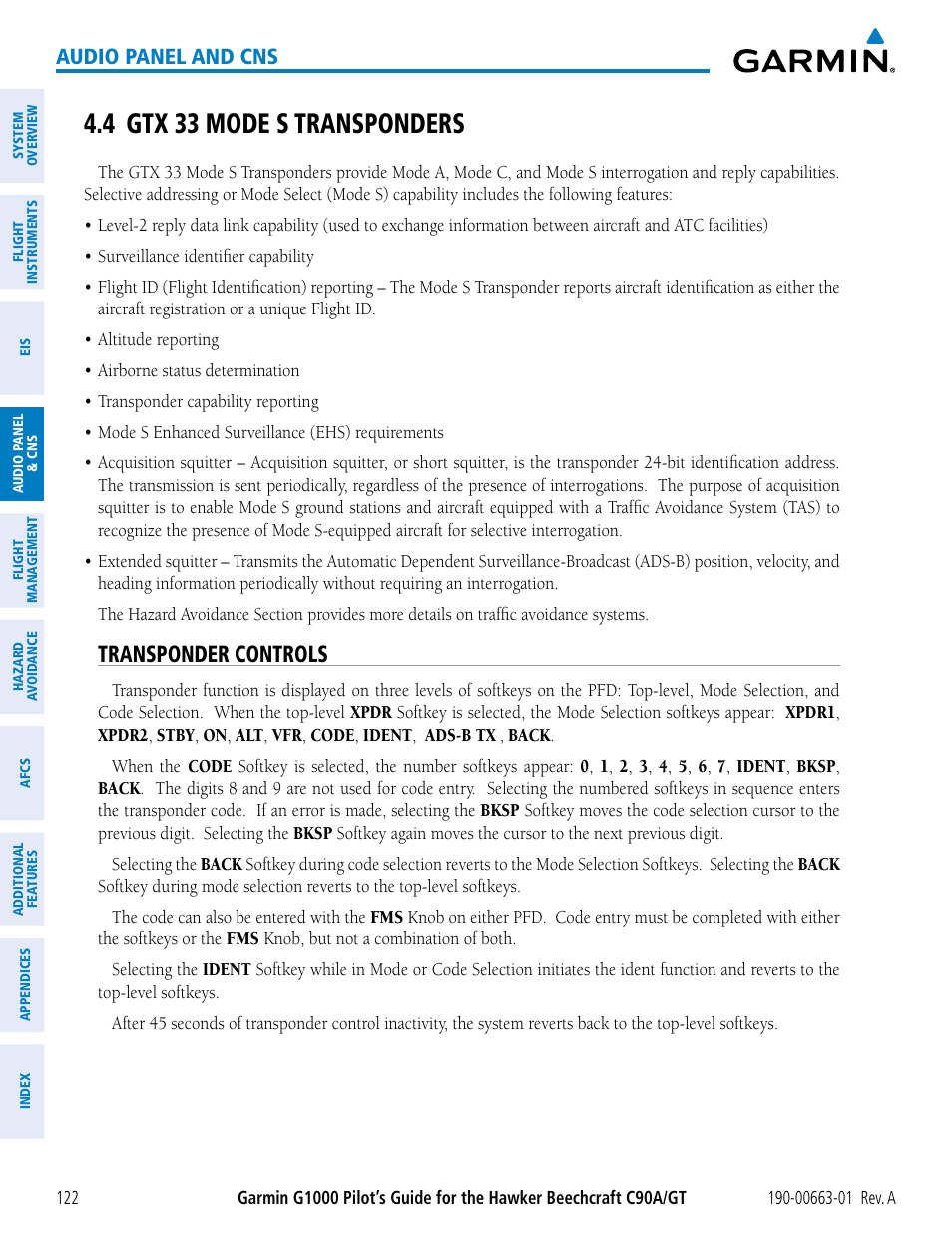 4 gtx 33 mode s transponders, Transponder controls, Audio panel and cns | Garmin G1000 King Air C90GT User Manual | Page 136 / 586