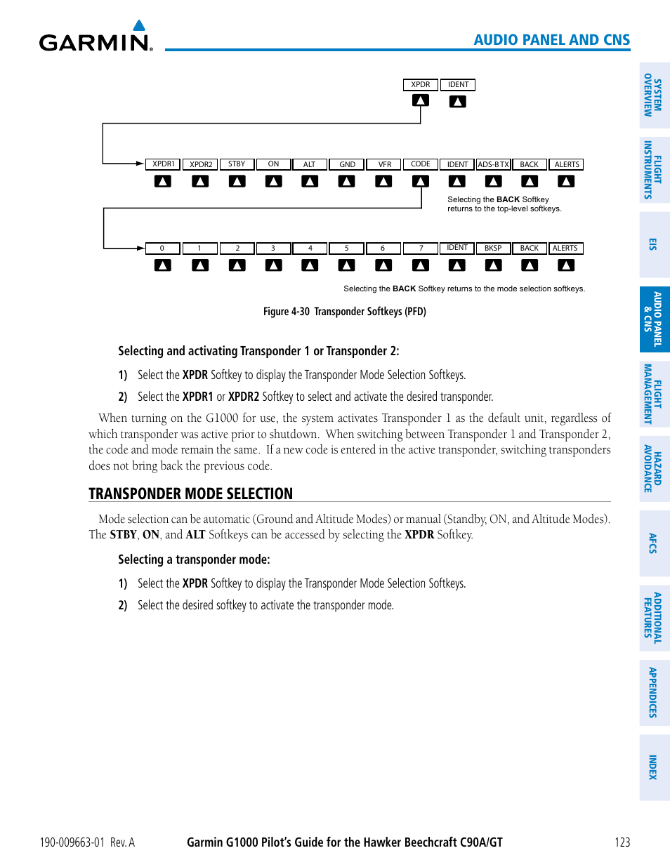 Transponder mode selection, Audio panel and cns | Garmin G1000 King Air C90GT User Manual | Page 137 / 586