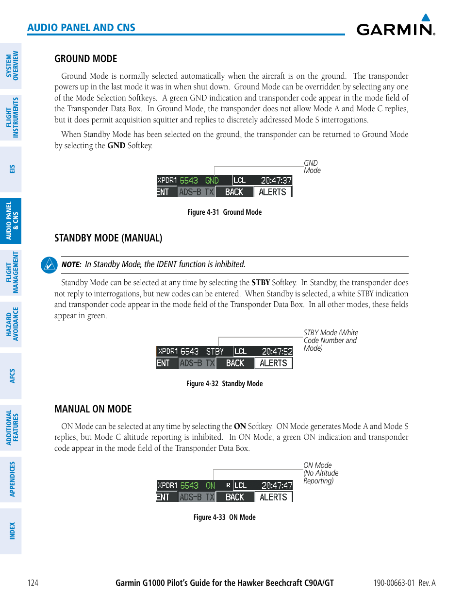 Audio panel and cns, Ground mode, Standby mode (manual) | Manual on mode | Garmin G1000 King Air C90GT User Manual | Page 138 / 586