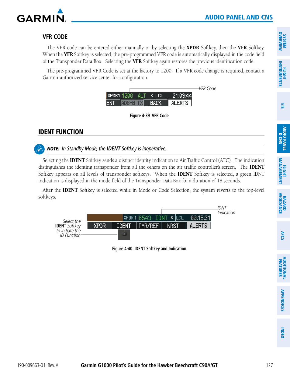 Ident function, Audio panel and cns, Vfr code | Garmin G1000 King Air C90GT User Manual | Page 141 / 586