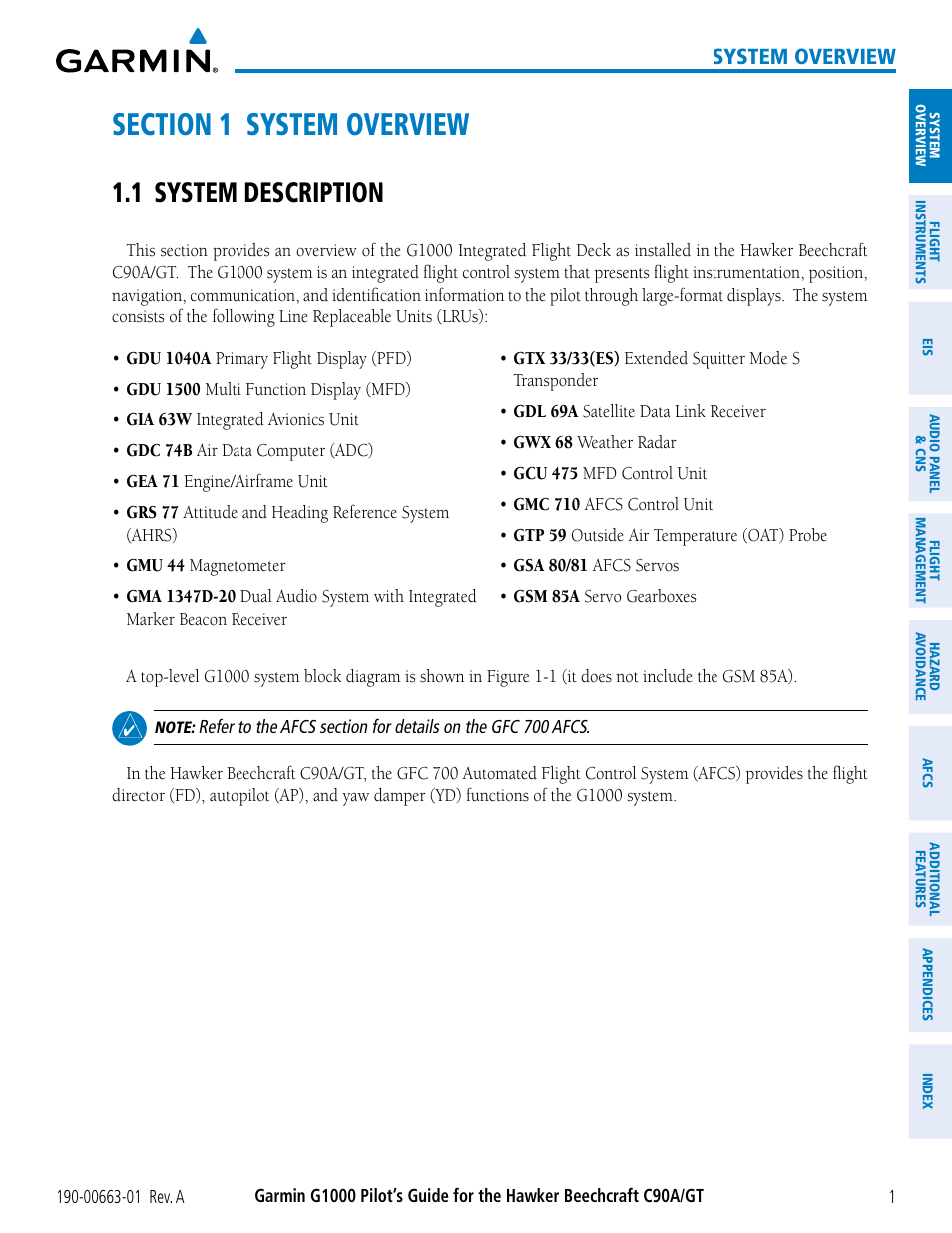 Section 1 system overview, 1 system description, System overview | Garmin G1000 King Air C90GT User Manual | Page 15 / 586