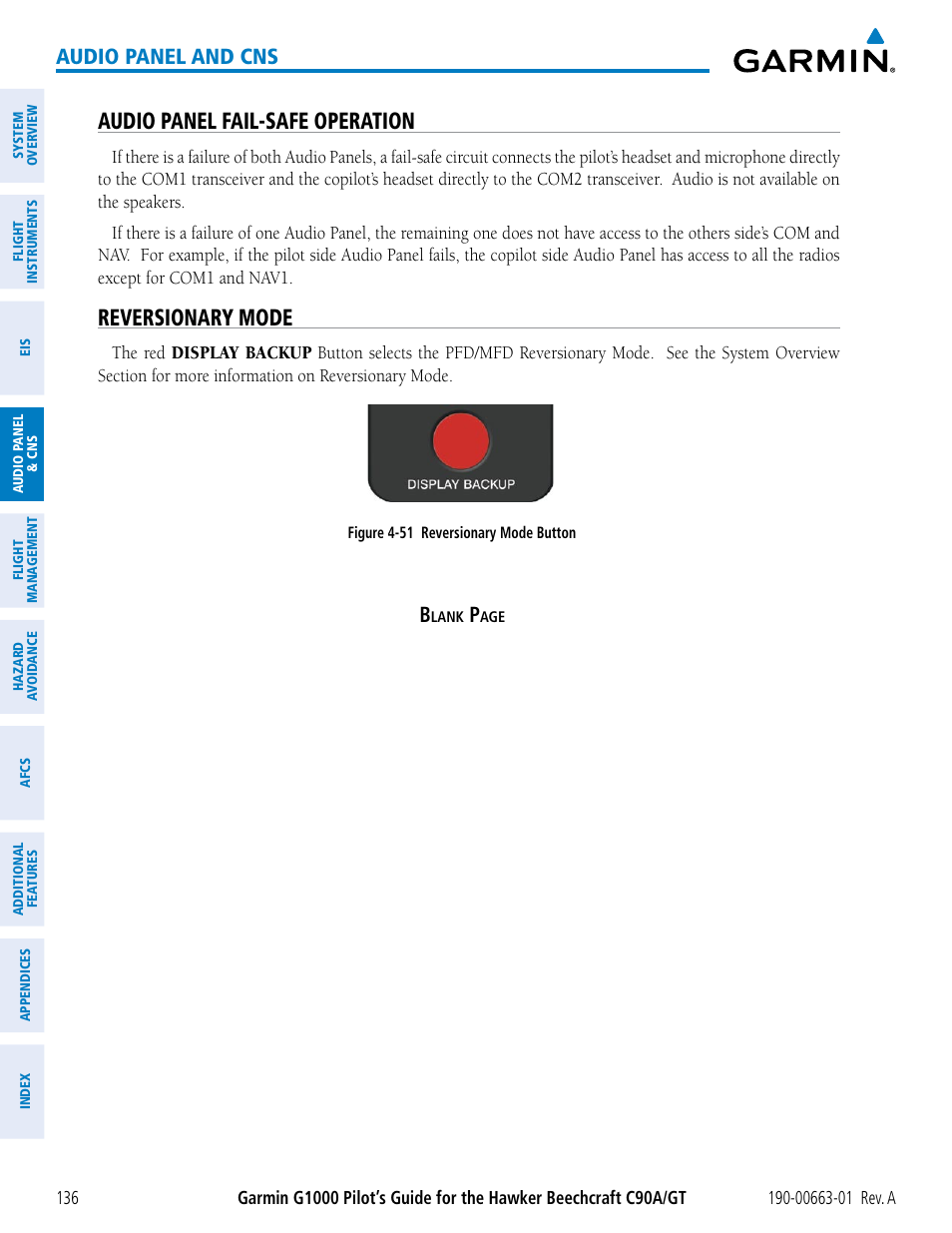 Audio panel fail-safe operation, Reversionary mode, Audio panel and cns | Garmin G1000 King Air C90GT User Manual | Page 150 / 586