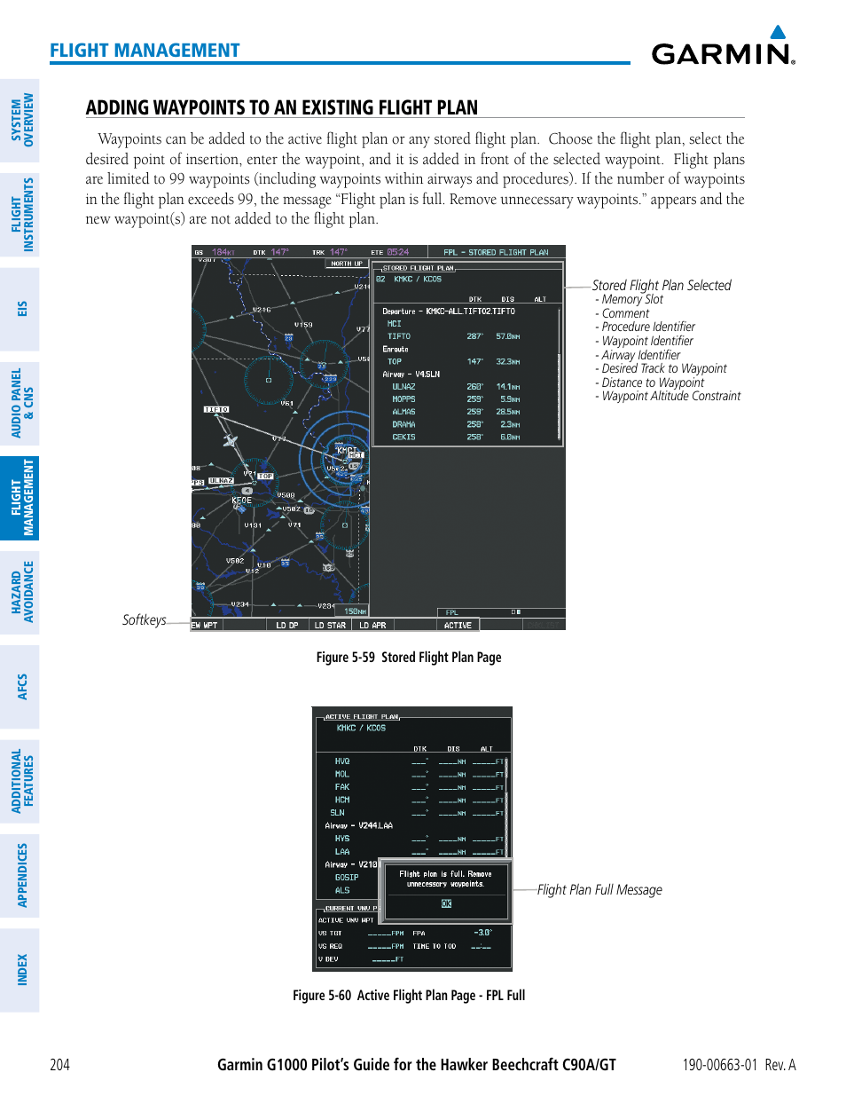 Adding waypoints to an existing flight plan, Flight management | Garmin G1000 King Air C90GT User Manual | Page 218 / 586