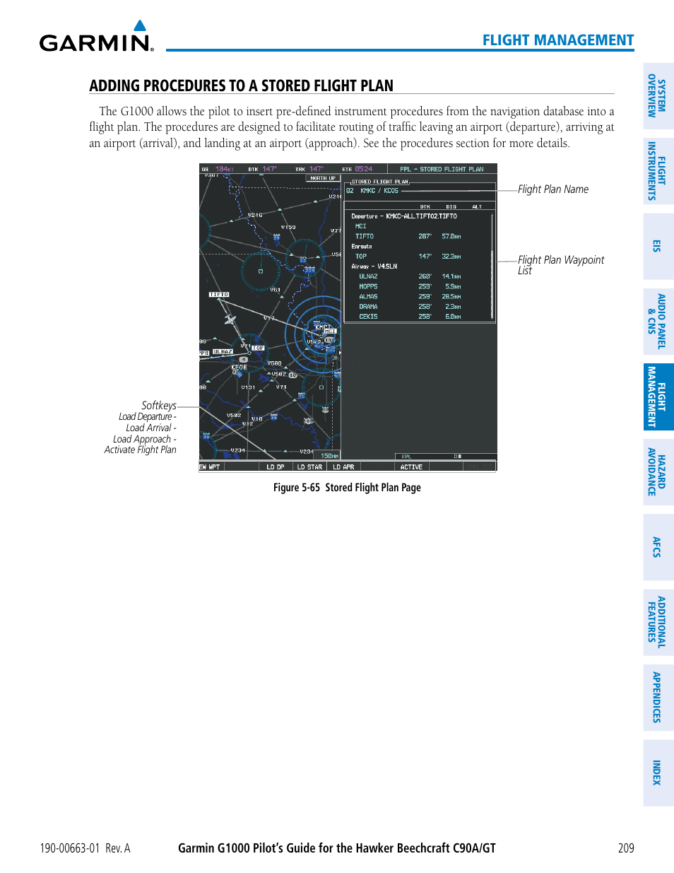 Adding procedures to a stored flight plan, Flight management | Garmin G1000 King Air C90GT User Manual | Page 223 / 586