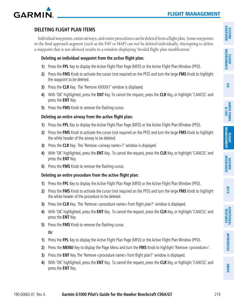 Flight management, Deleting flight plan items | Garmin G1000 King Air C90GT User Manual | Page 233 / 586