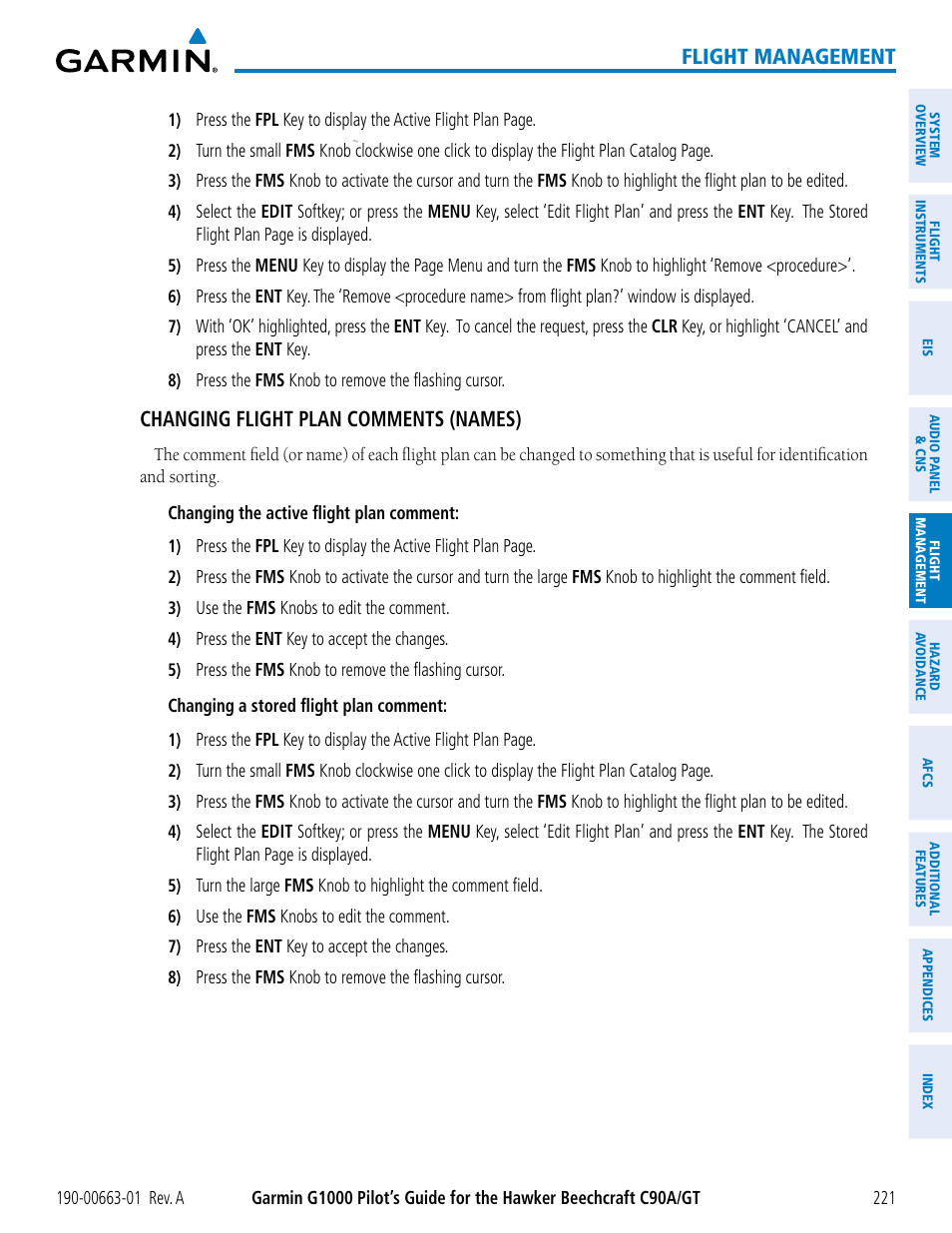 Flight management, Changing flight plan comments (names) | Garmin G1000 King Air C90GT User Manual | Page 235 / 586