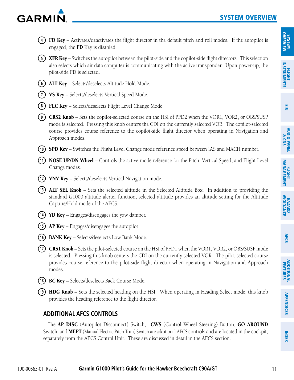 System overview, Additional afcs controls | Garmin G1000 King Air C90GT User Manual | Page 25 / 586