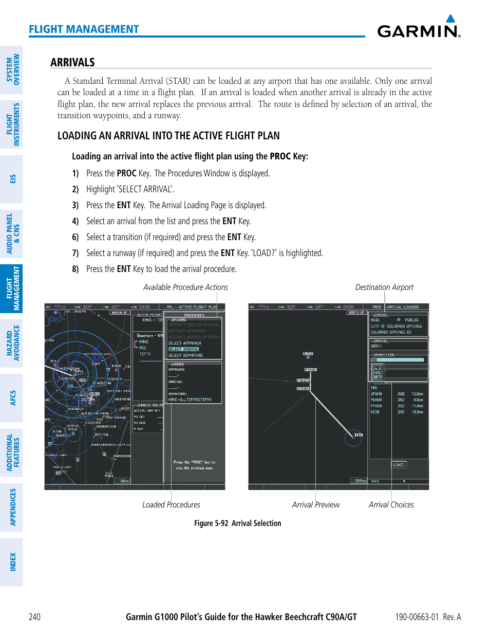 Arrivals, Flight management, Loading an arrival into the active flight plan | Garmin G1000 King Air C90GT User Manual | Page 254 / 586