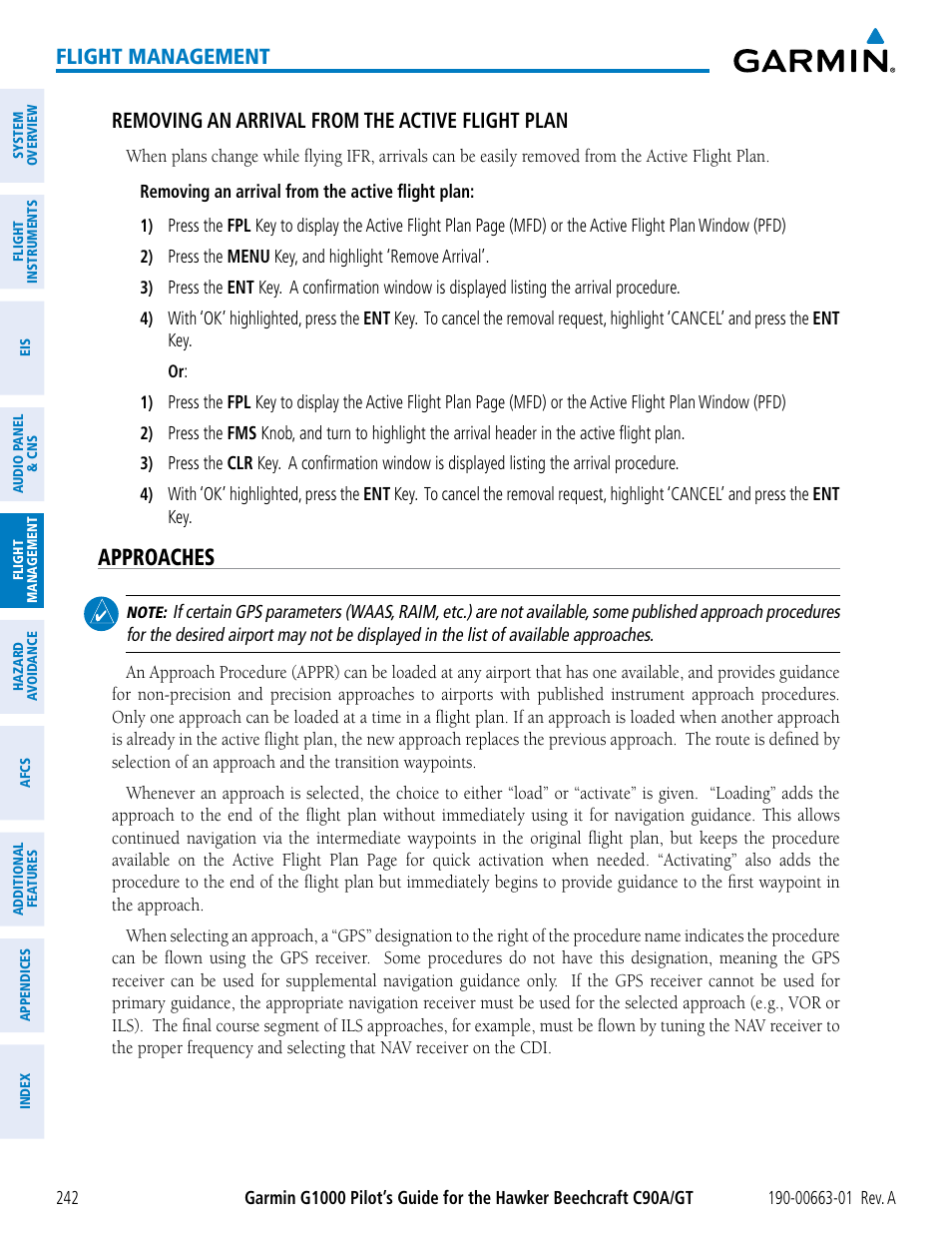 Approaches, Flight management, Removing an arrival from the active flight plan | Garmin G1000 King Air C90GT User Manual | Page 256 / 586