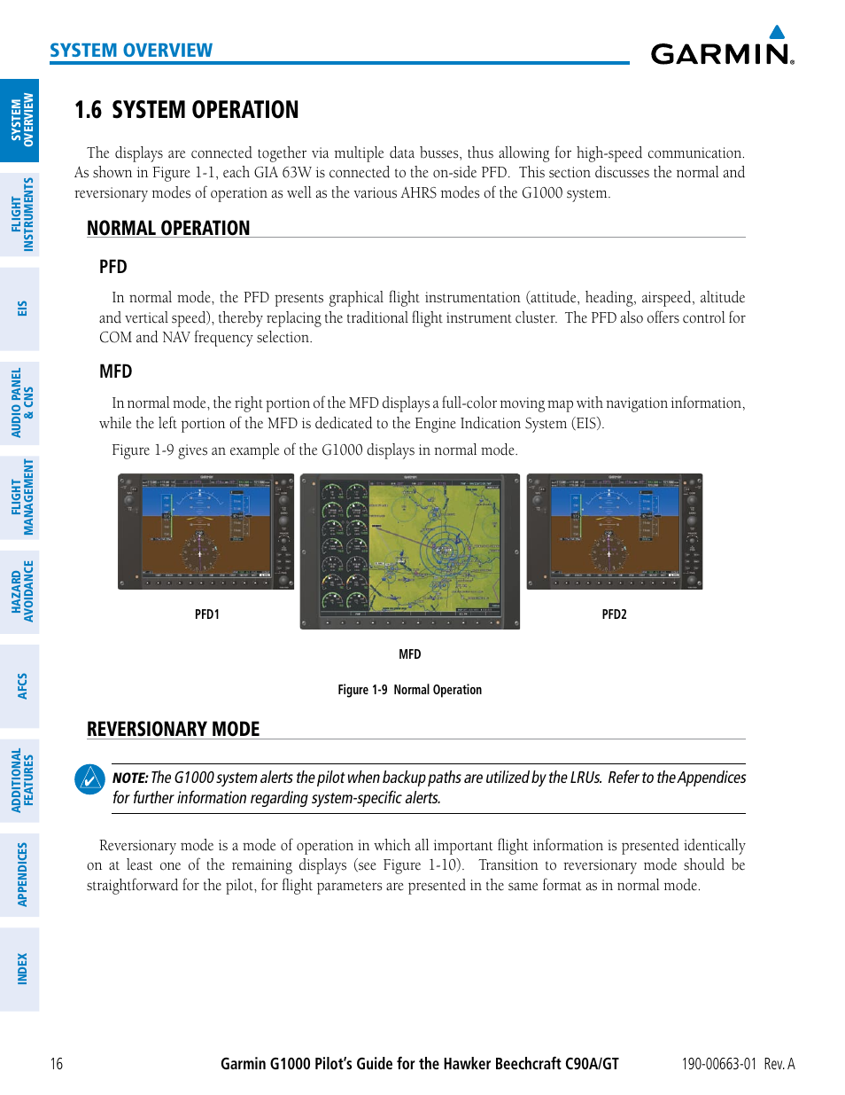 6 system operation, Normal operation, Reversionary mode | System overview | Garmin G1000 King Air C90GT User Manual | Page 30 / 586