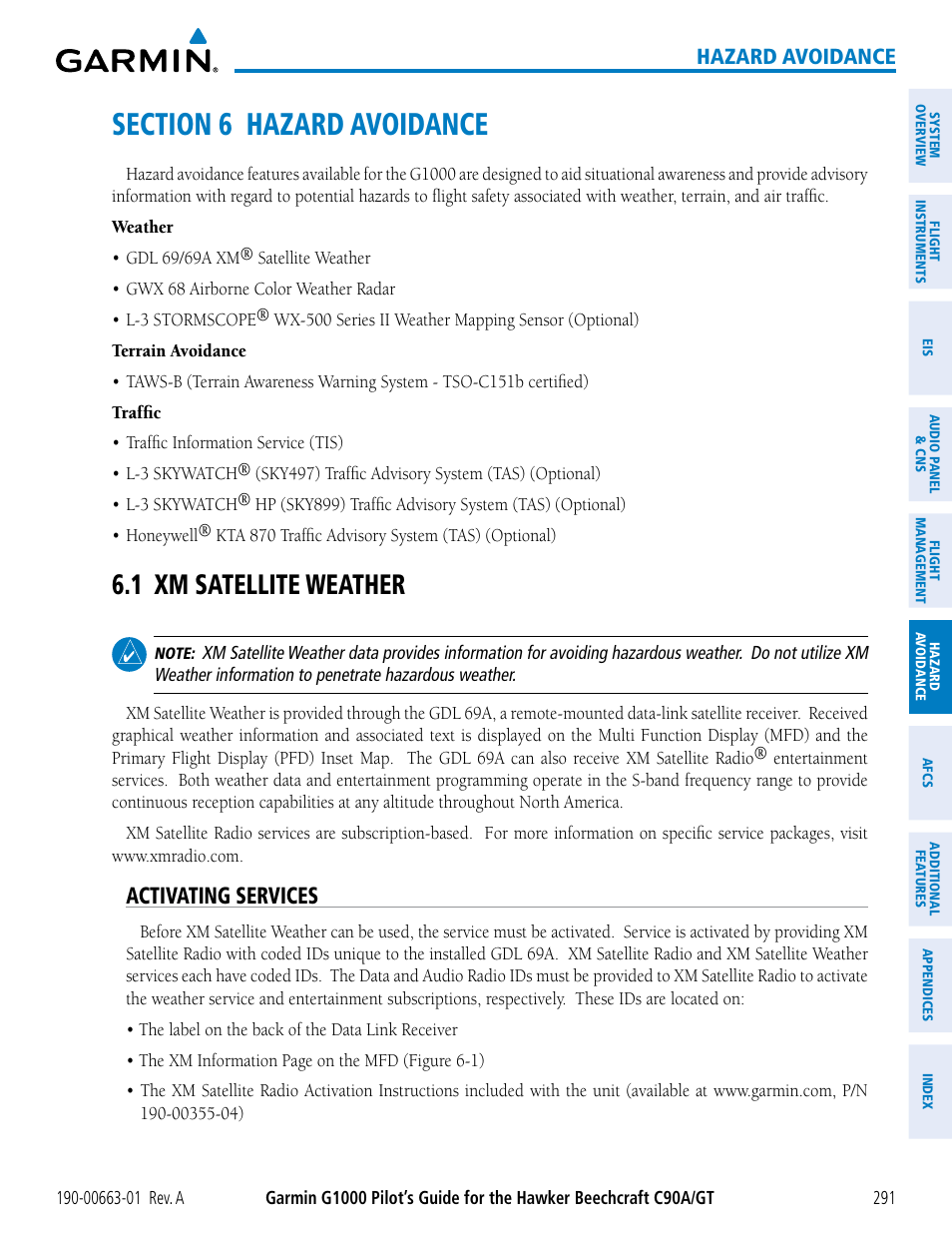 Section 6 hazard avoidance, 1 xm satellite weather, Activating services | Hazard avoidance | Garmin G1000 King Air C90GT User Manual | Page 305 / 586