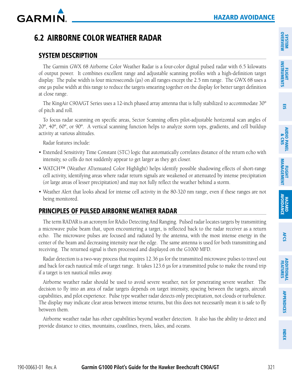 2 airborne color weather radar, System description, Principles of pulsed airborne weather radar | Hazard avoidance | Garmin G1000 King Air C90GT User Manual | Page 335 / 586