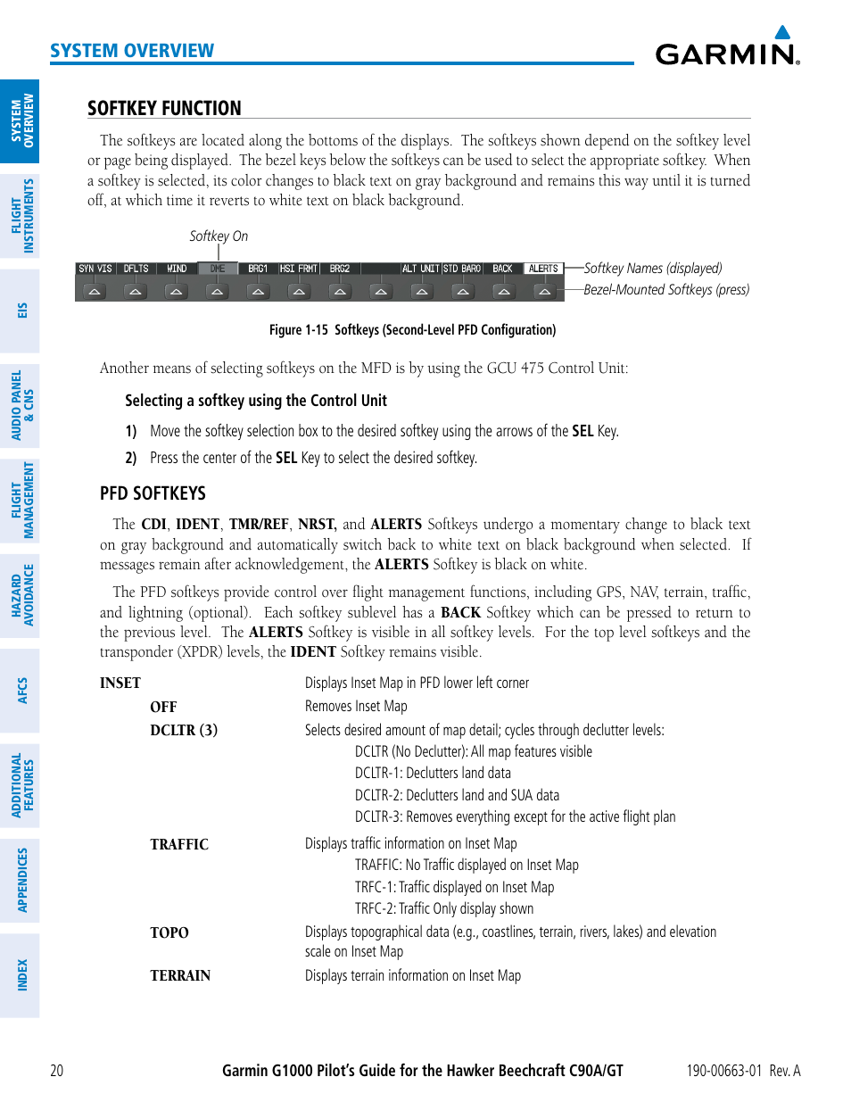 Softkey function, System overview, Pfd softkeys | Garmin G1000 King Air C90GT User Manual | Page 34 / 586