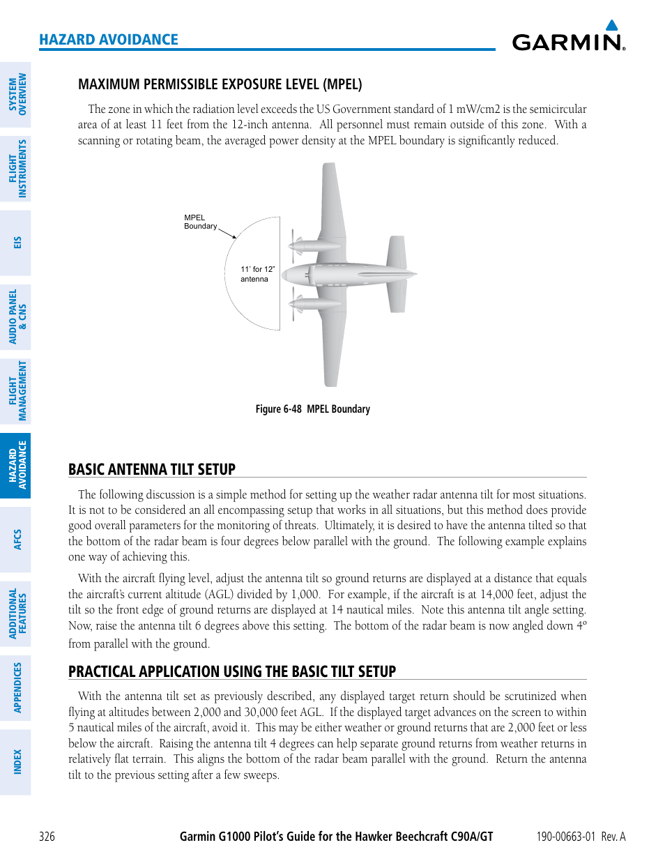 Basic antenna tilt setup, Practical application using the basic tilt setup, Hazard avoidance | Maximum permissible exposure level (mpel) | Garmin G1000 King Air C90GT User Manual | Page 340 / 586