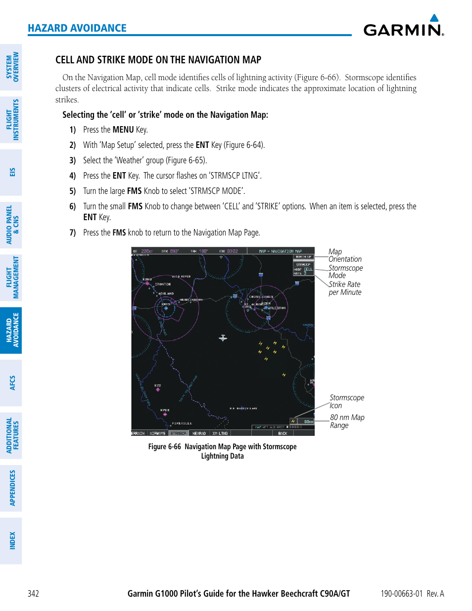 Hazard avoidance, Cell and strike mode on the navigation map | Garmin G1000 King Air C90GT User Manual | Page 356 / 586