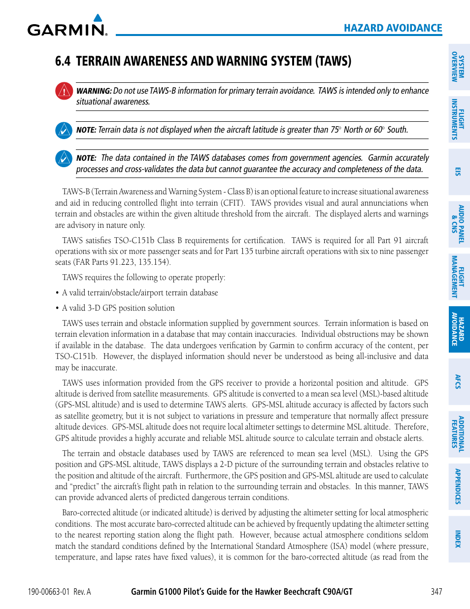 4 terrain awareness and warning system (taws), 4 terrain awareness and warning system, Hazard avoidance | Garmin G1000 King Air C90GT User Manual | Page 361 / 586